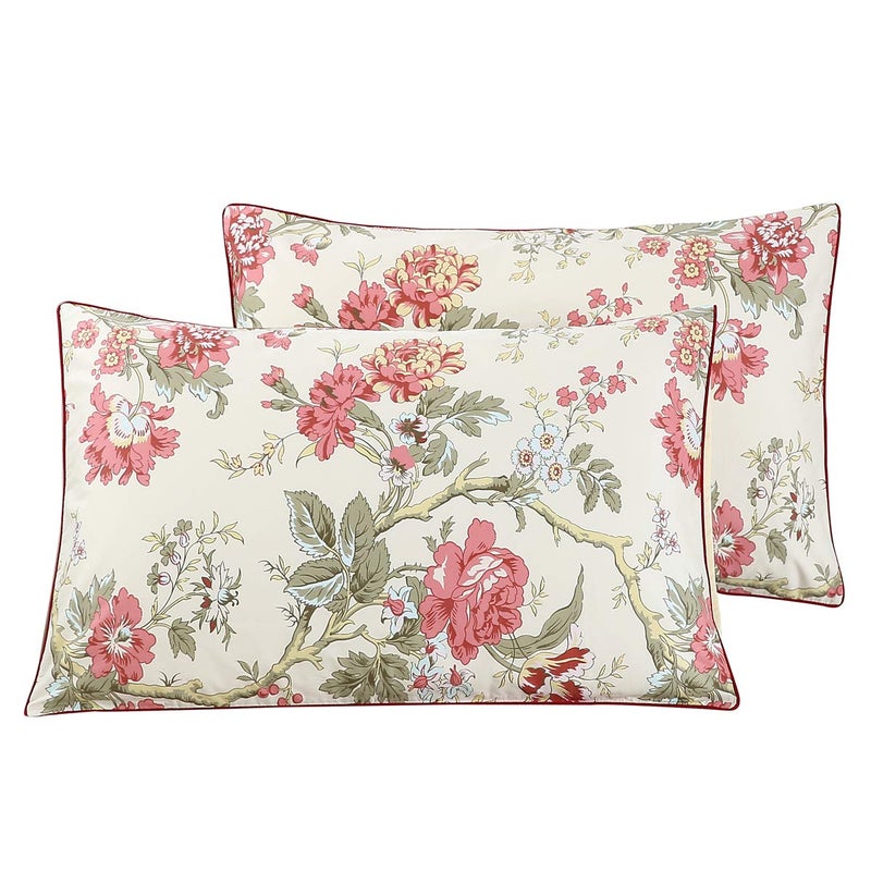 WINLIFE 100% Cotton Pillowcases Floral Printed Pillow Cases Set of 2 Red Flowers and Green Branches Leaf Pattern Pillow Cover Queen 20x30'' - Image 1